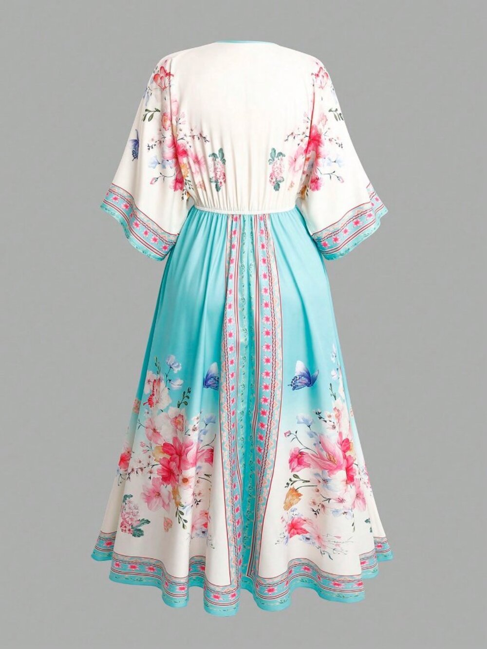 Boho Multicolor Women's Plus Size Elegant V-Neck Floral Maxi Dress - Picture 2 of 7